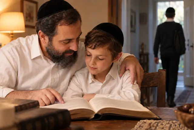 Un père et son jeune fils penchés ensemble sur un livre de Torah ; au fond, le même garçon devenu grand s'éloigne